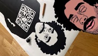 a drawing of a man next to a qr code