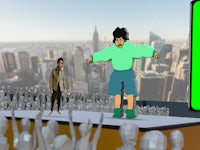 a cartoon of a man standing on a stage in front of a city